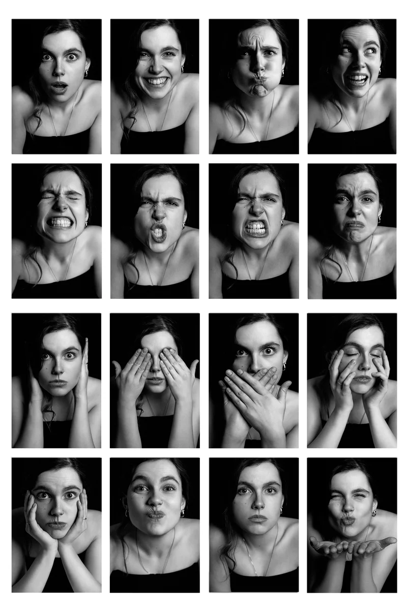 Black and white grid of sixteen portraits with different expressions and gestures