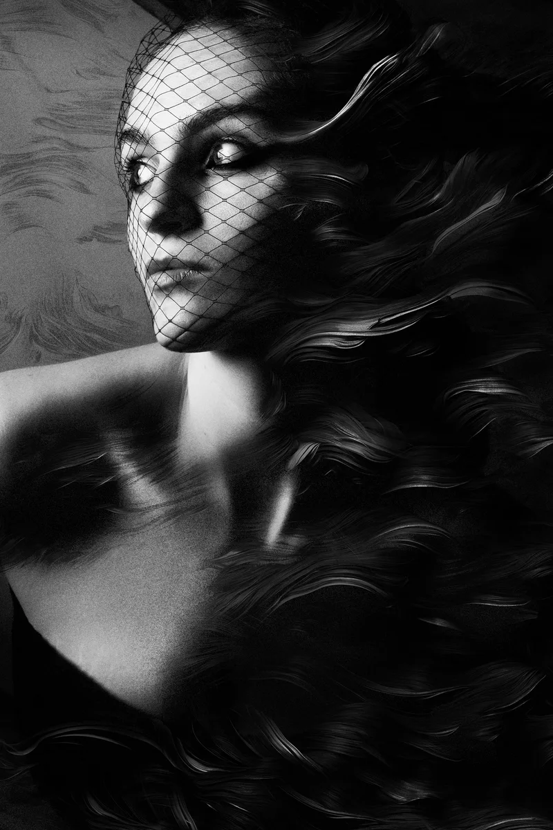 Woman with a net veil and long curly hair looking to the side