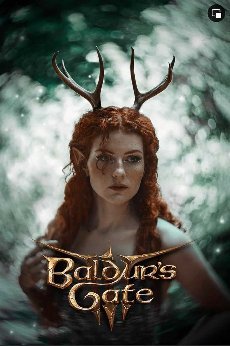 Red-haired woman with antlers in a green forest beneath a Baldur's Gate title